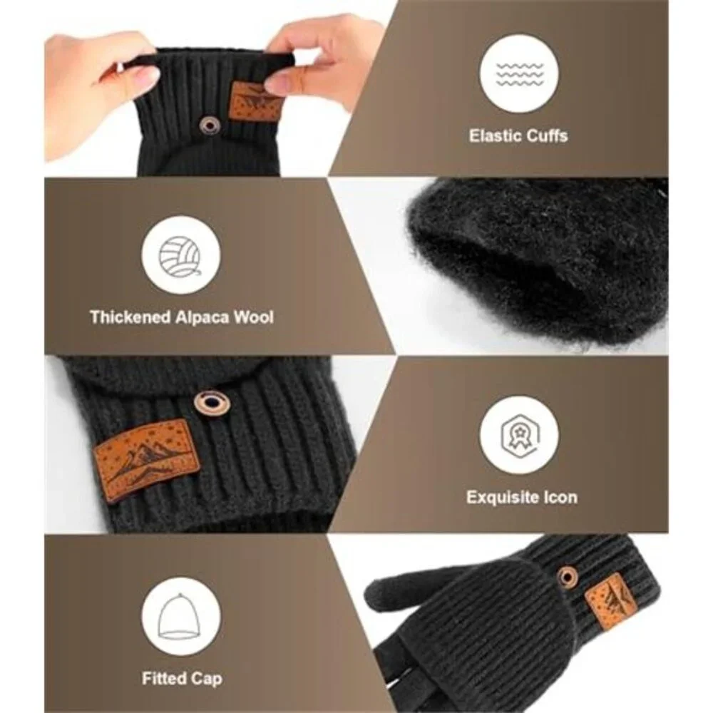 Women's Winter Fingerless Gloves Mittens Finger Wool Gloves with Flip